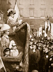 König Karl XV. von Schweden spricht zu einer Menge über erhöhte Rüstungen zur Verteidigung des Landes, 1866